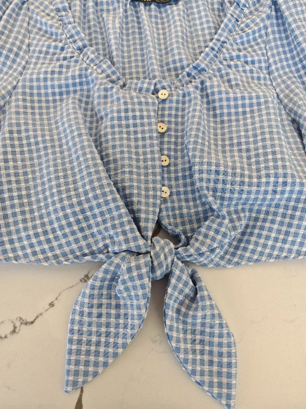 Zara Gingham Tie Front Top L | Blue Puff Sleeve Cottagecore Crop Blouse
